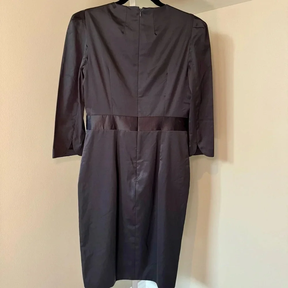 French‎ Connection Black Satiny Faux Wrap Dress 3/4 Slit Sleeve Size 8 N20